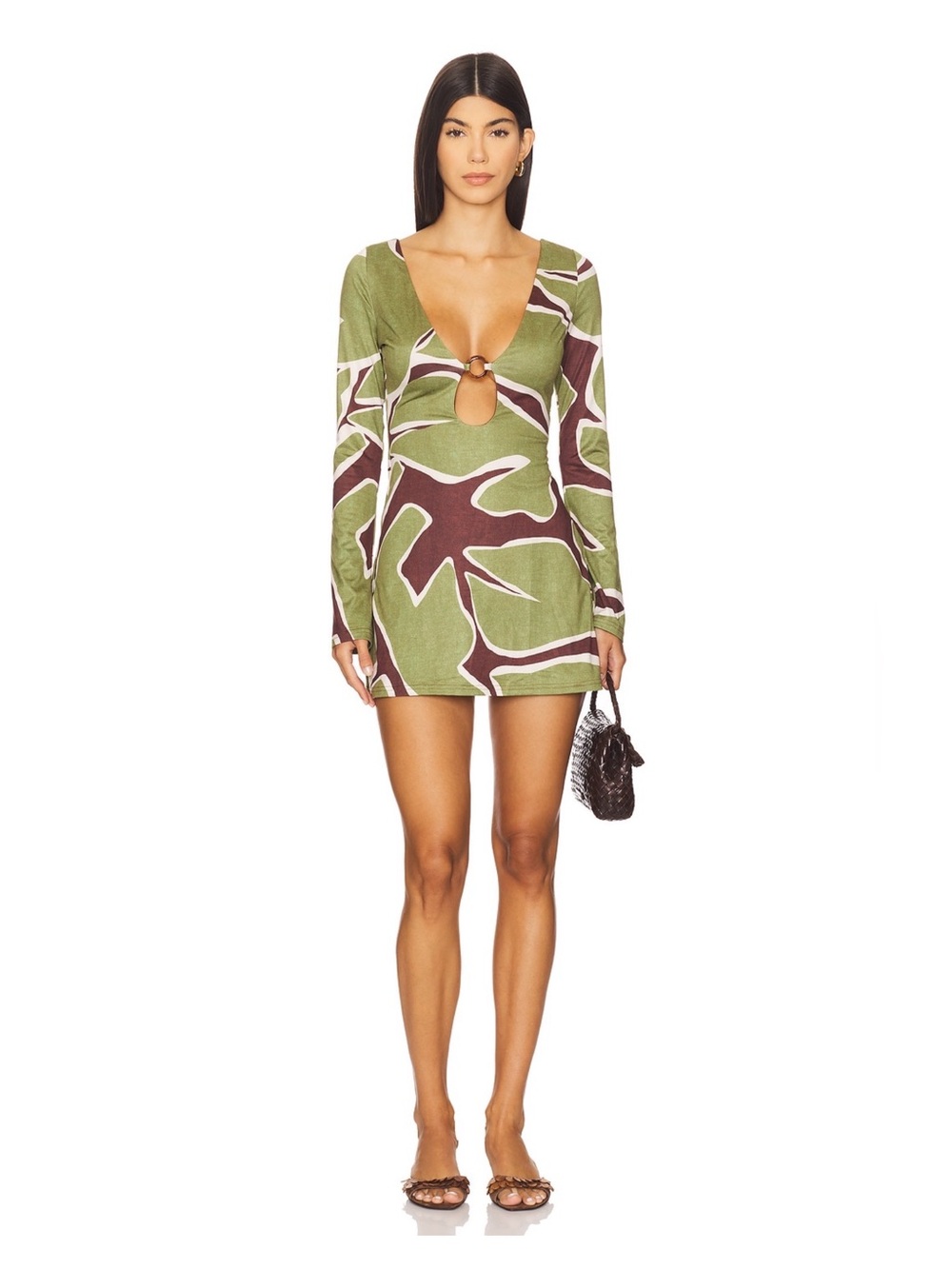 REVOLVE Olive, Brown & Cream Abstract Long Sleeve V-Neck Dress